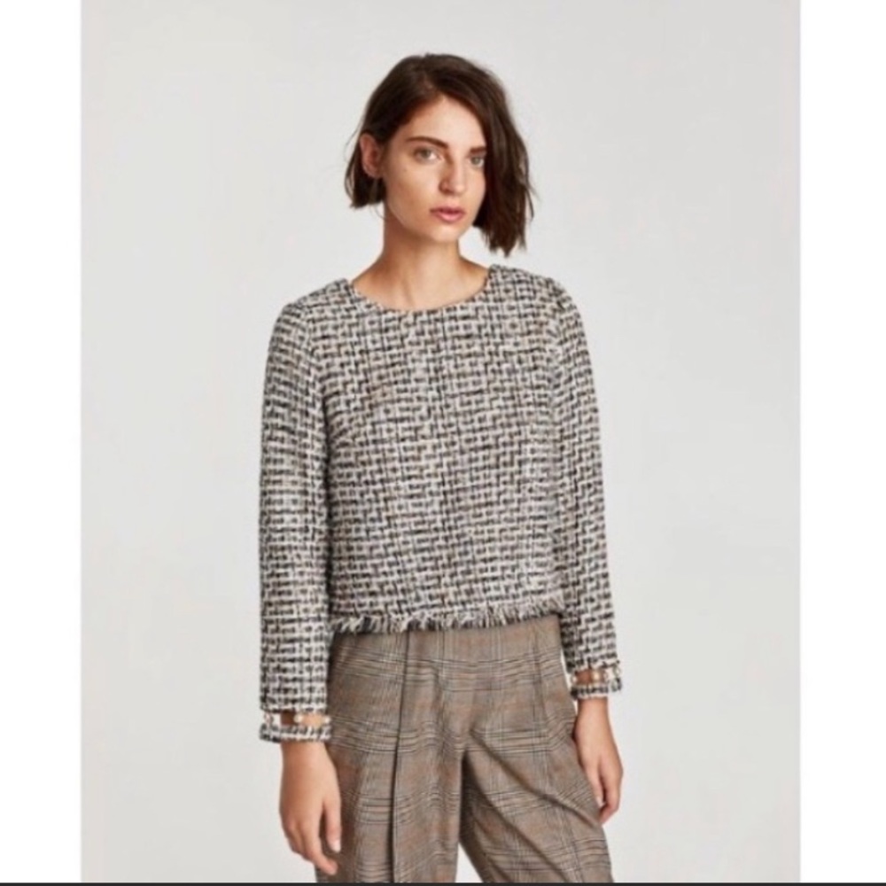 Zara Tweed top with faux pearl sleeves